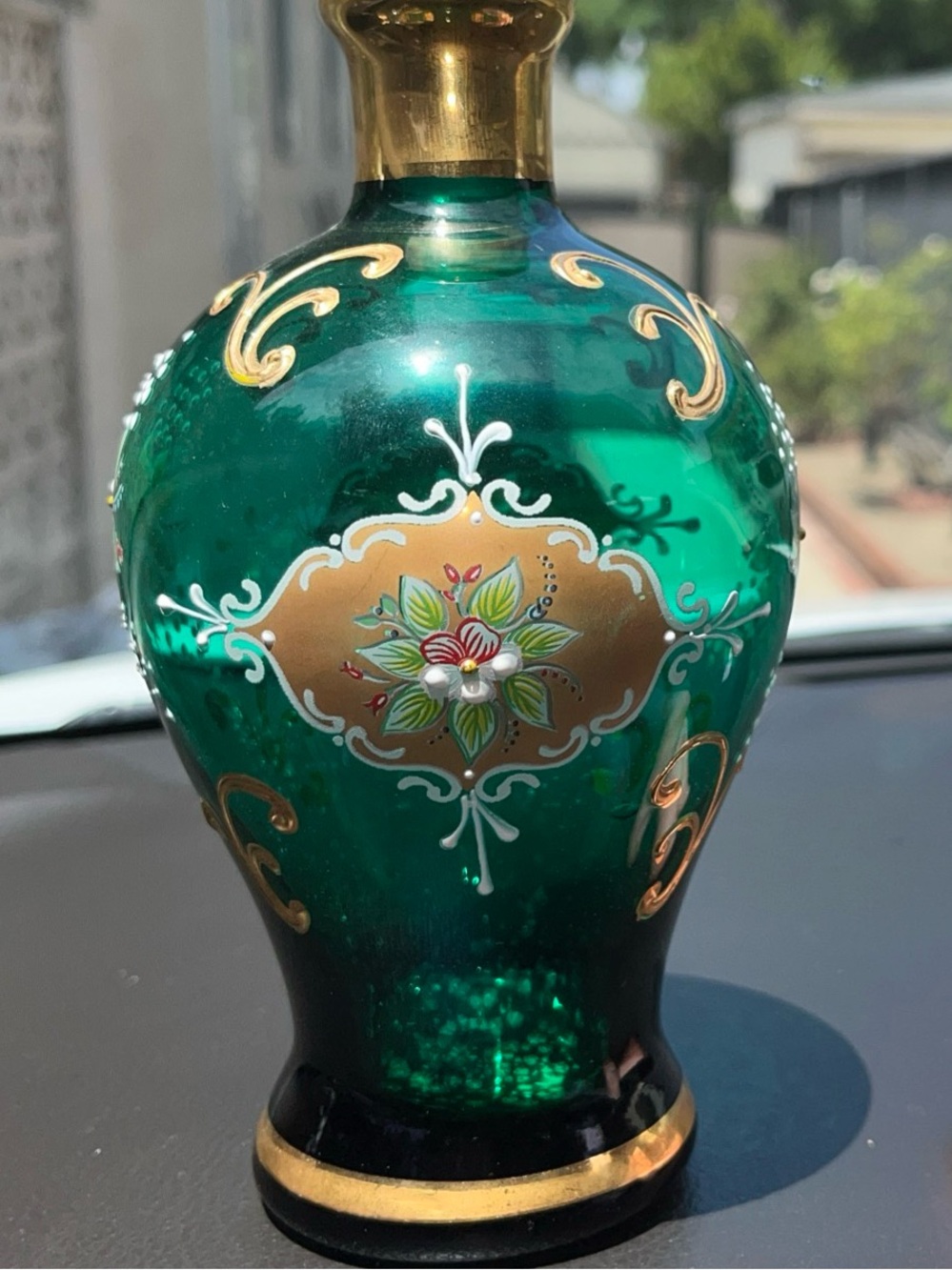 Murano Emerald Green Glass Vase with Gold Floral Accents